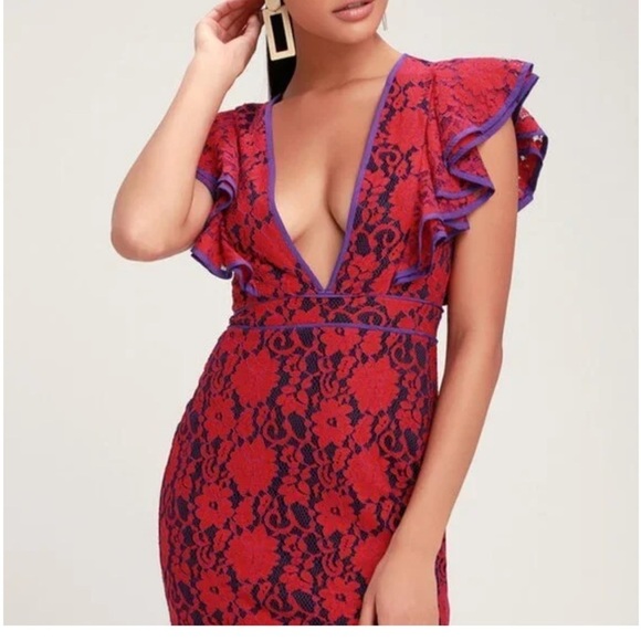 Lulu’s Purple and Red Lace Ruffle Mini Dress NWT - Picture 3 of 12